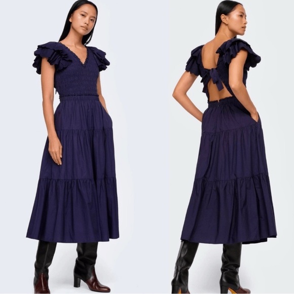 Sea New York Heidi Flutter-Sleeve Tiered Midi Dress Navy Size 4 - Picture 1 of 10